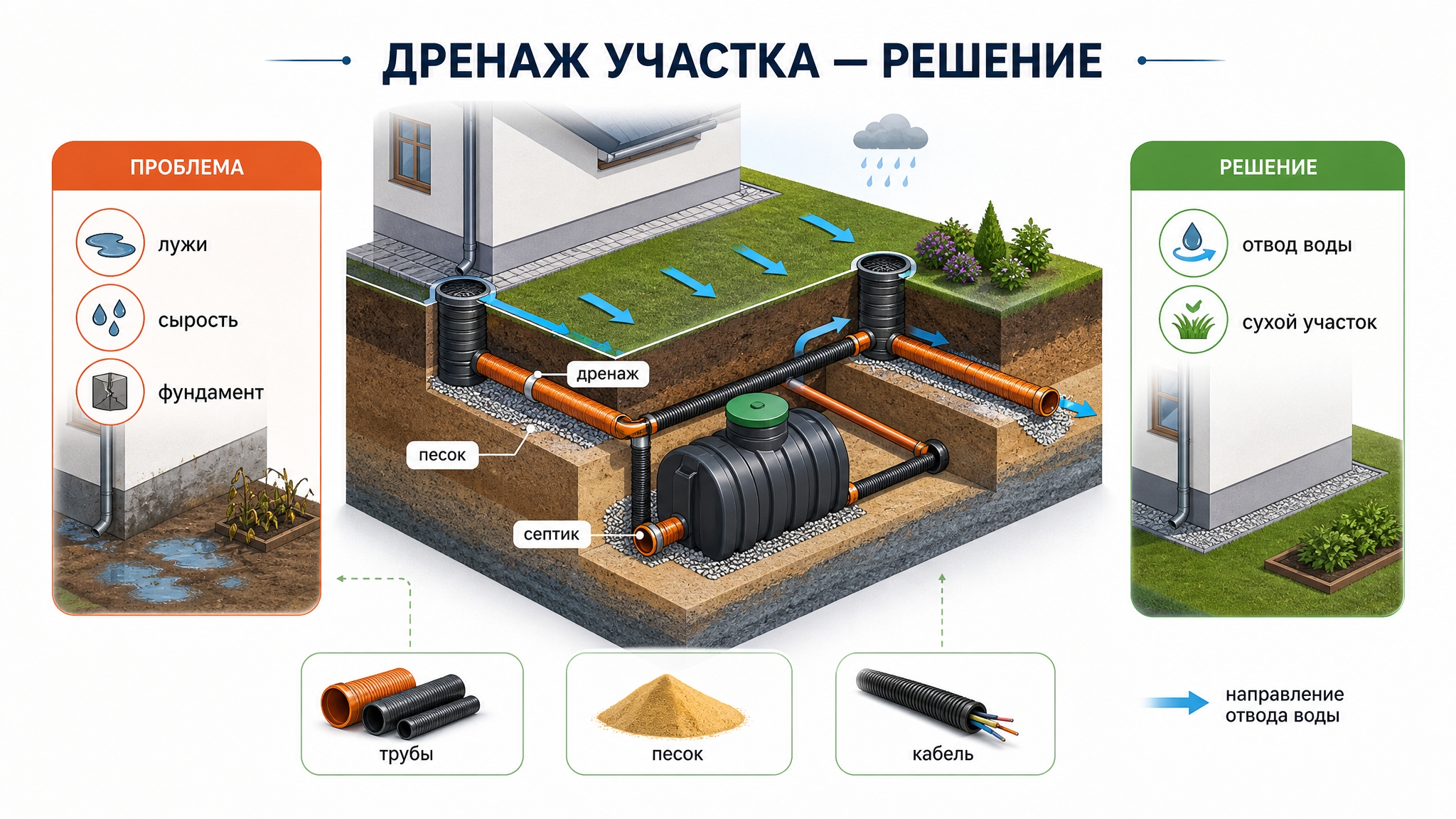 Дренаж на участке своими руками: пошаговая инструкция и схема