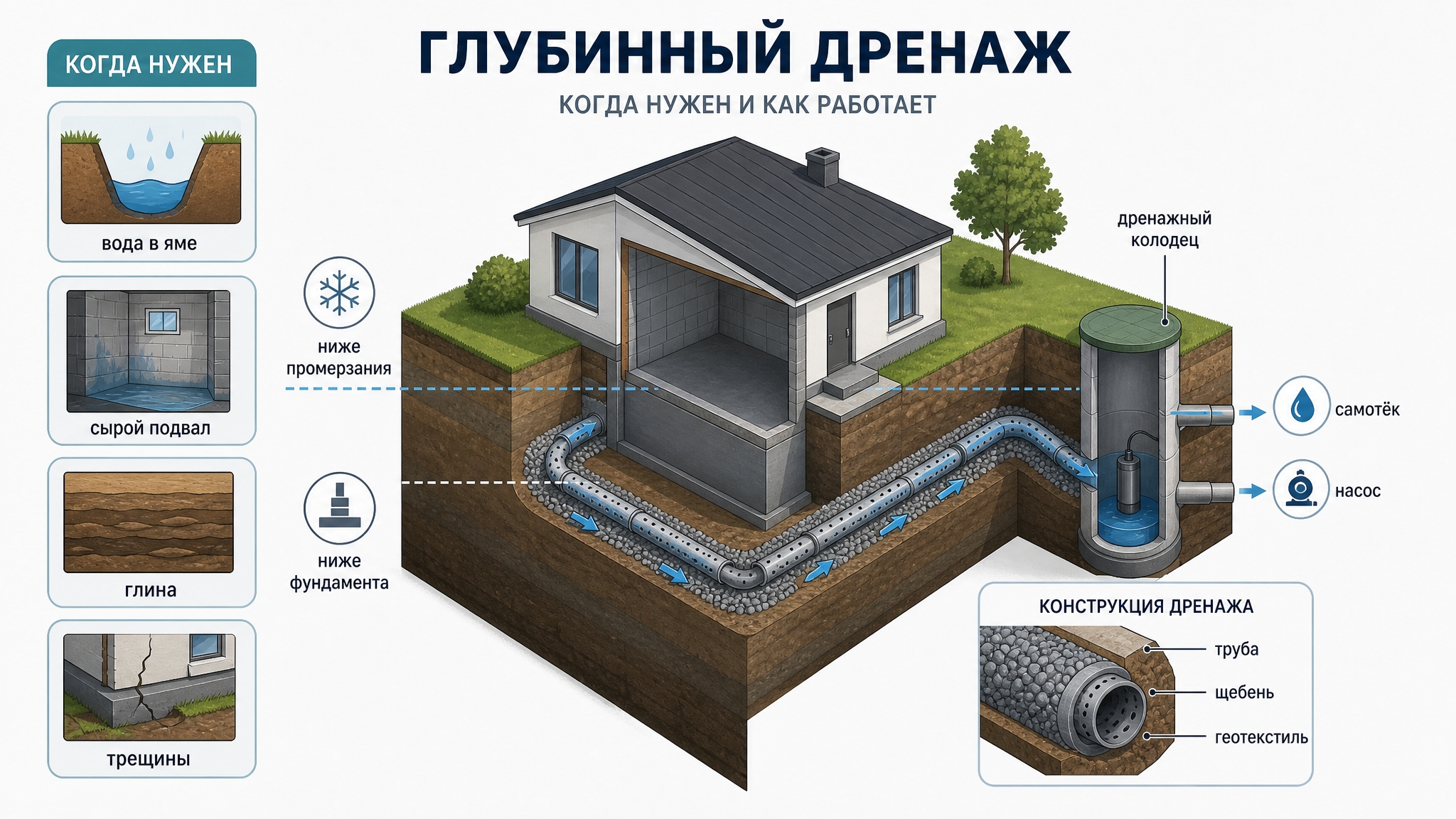 Дренаж на участке своими руками: пошаговая инструкция и схема