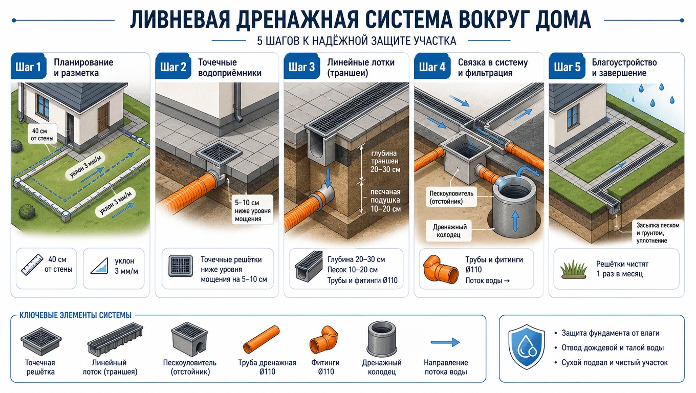 Дренаж на участке своими руками: пошаговая инструкция и схема